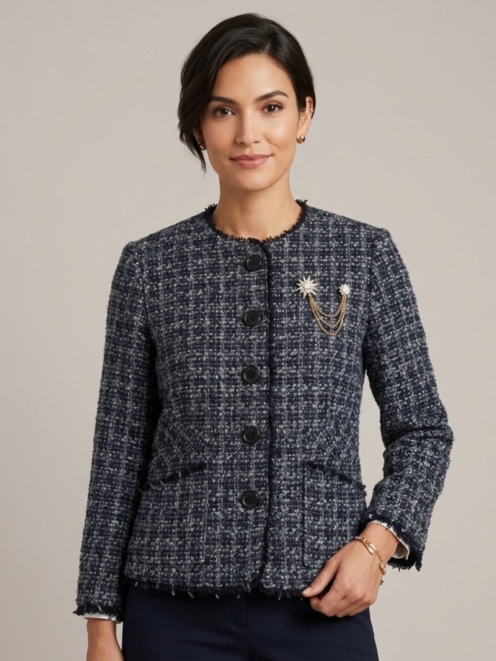Navy Blue Gray Tweed 3/4 Sleeve Wool Blend Lady Blazer - Small 🇨🇦
